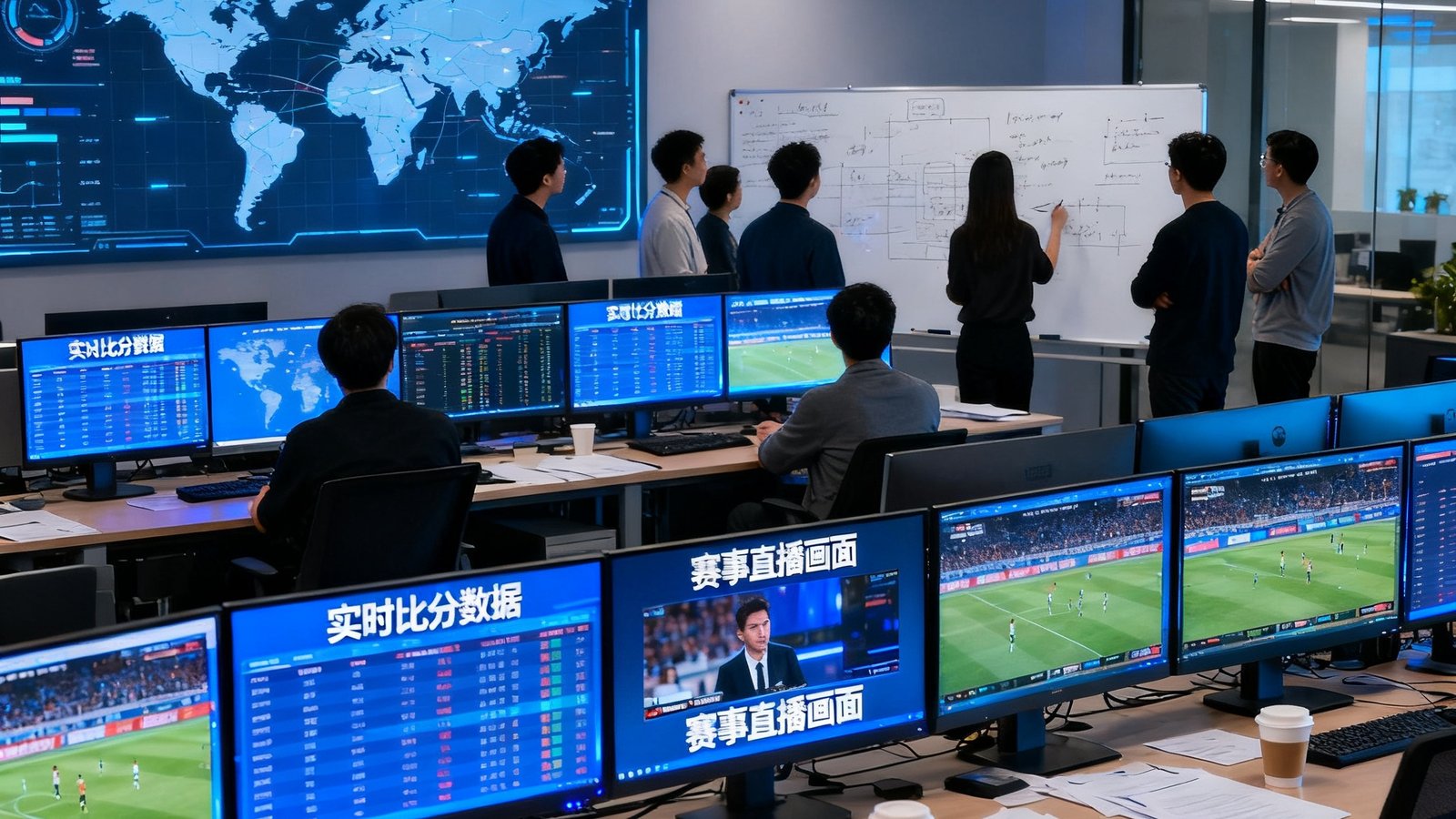 开放式办公室内景，多排显示器上滚动着实时比分数据和赛事直播画面，团队成员围在白板前讨论，墙上悬挂着覆盖全球的服务器节点分布地图